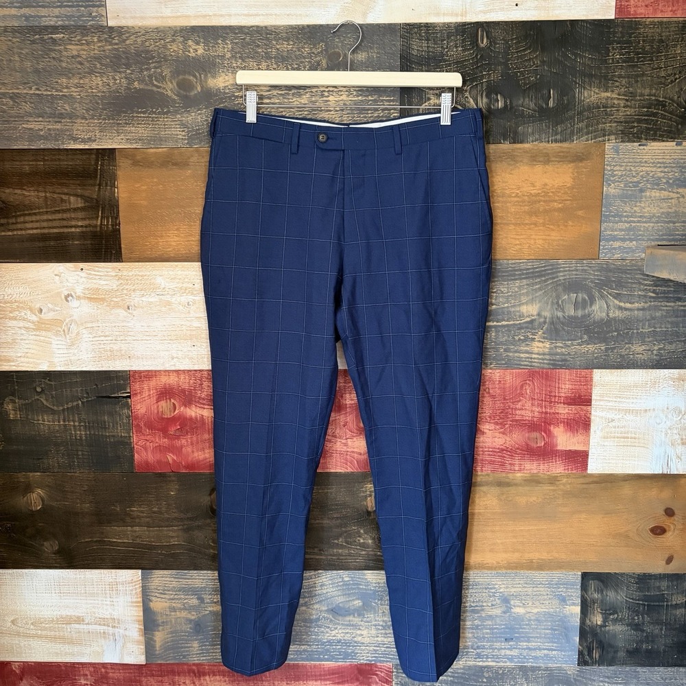 Suitsupply Brescia Blue Check Wool Mohair Flat Front Dress Pants 34x28